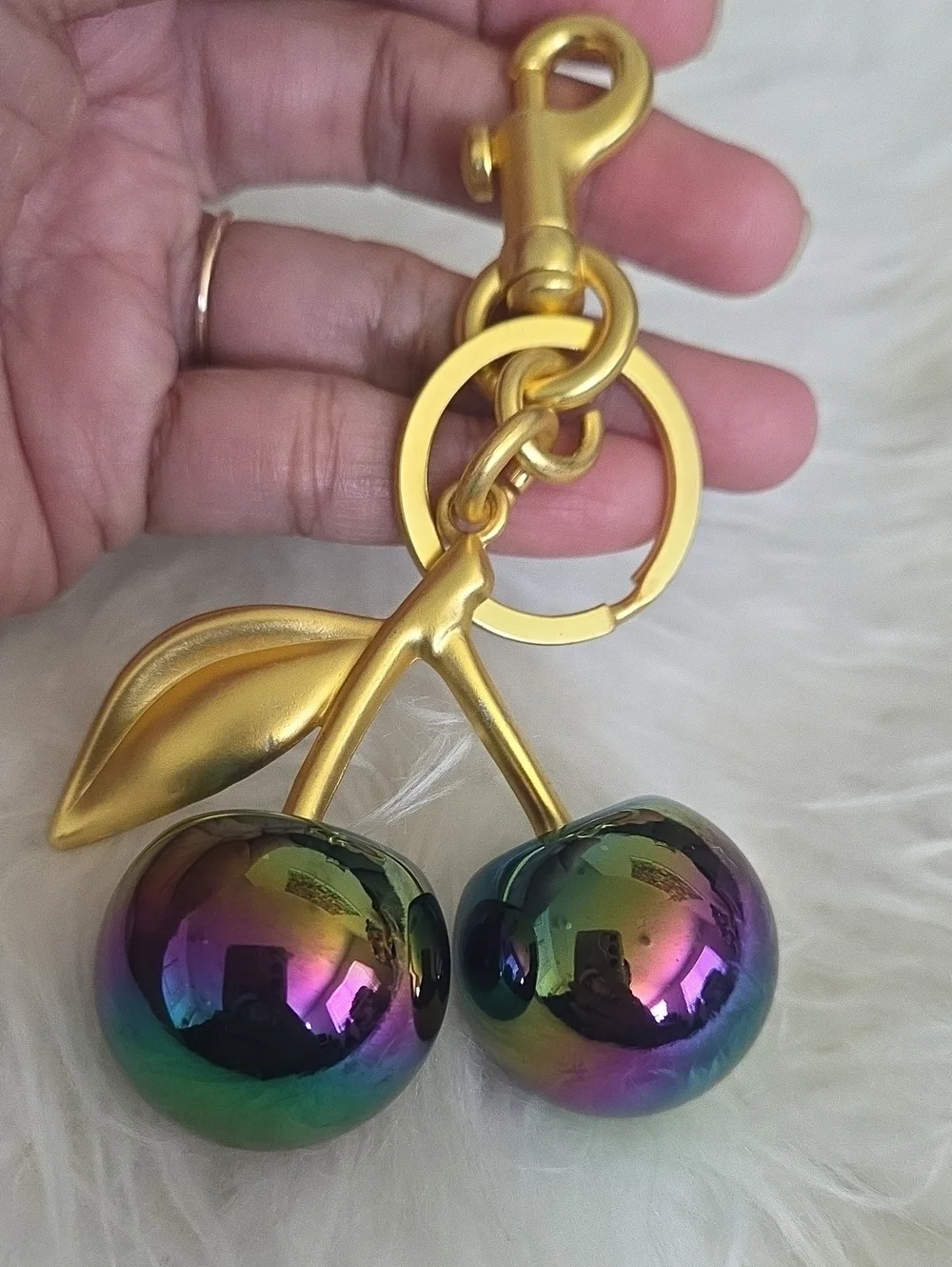 Gold Cherry Keychain with Iridescent Purple-Green Charms